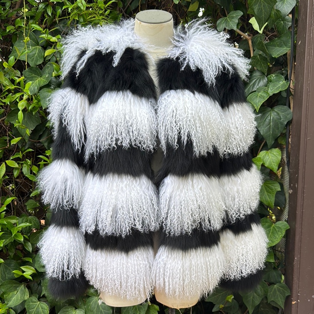 Alice + Olivia Black and White Striped Fur Coat Sz.M